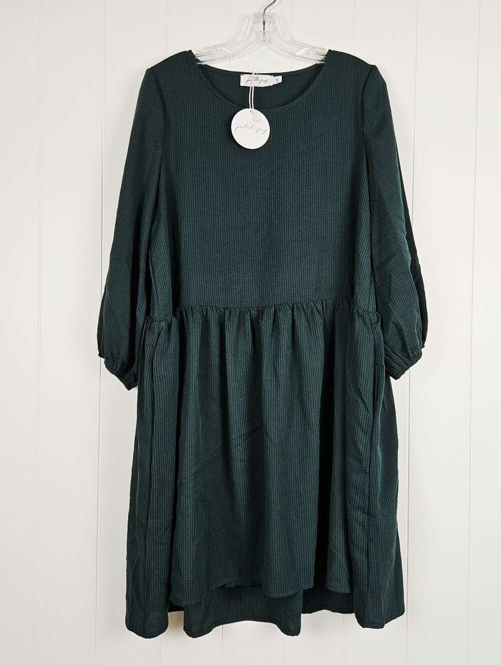 Petal And Pup Babydoll Mini Dress Flowy Womens L 8 Ballon Sleeves Hunter Green